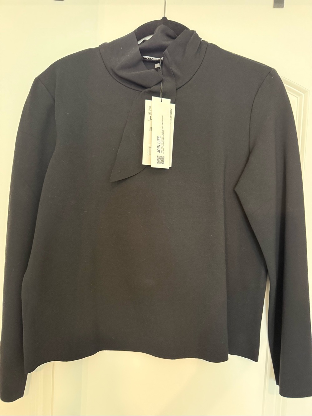 New Zara Black Long Sleeve Tie-Neck Top